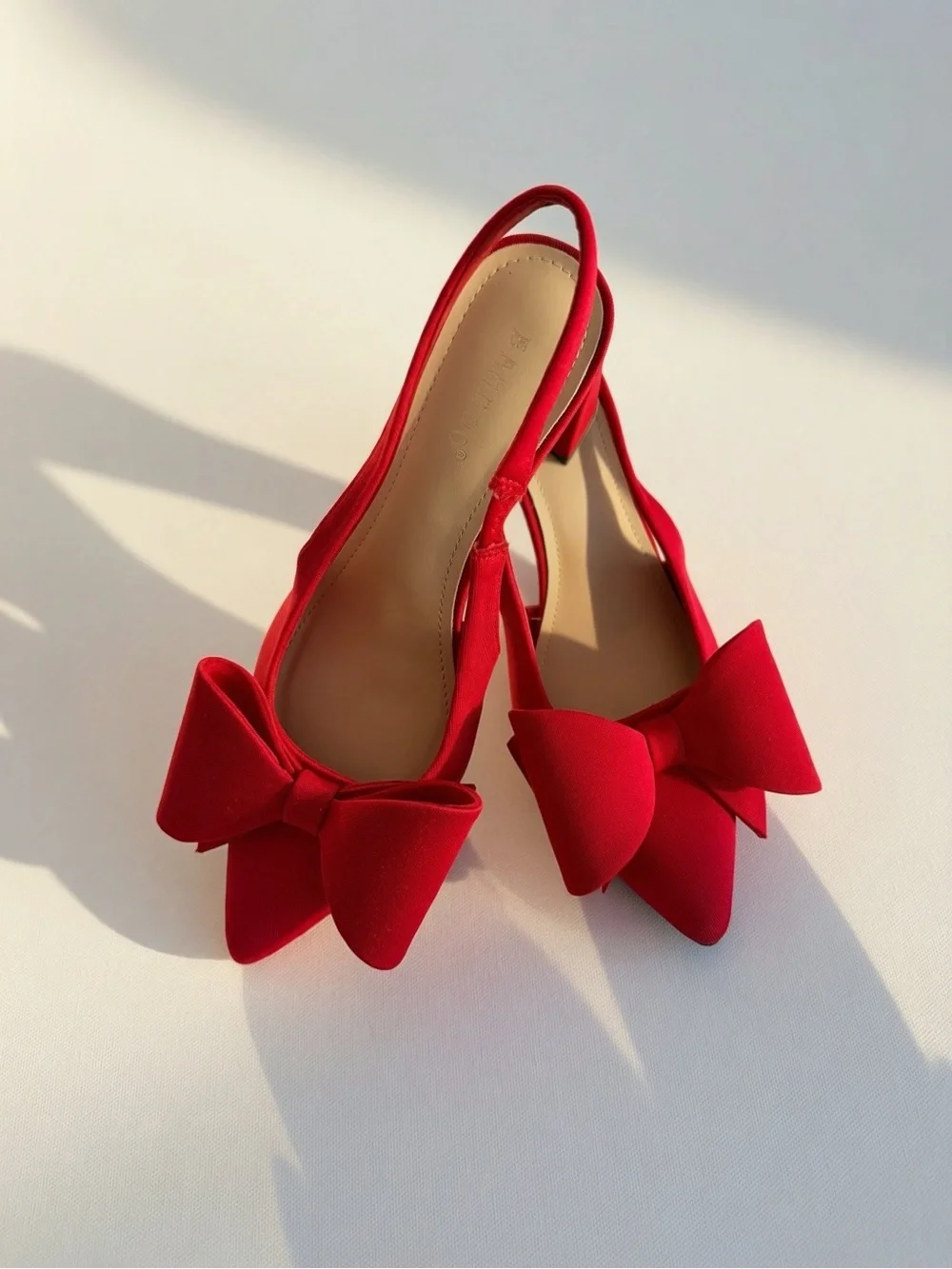 Red Bow Pointed Toe Slingback Blocked Heels- Women
